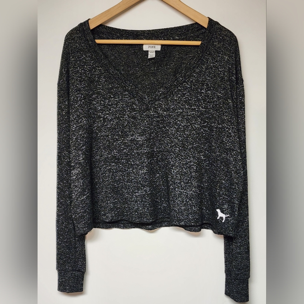 Y2K PINK Victoria's Secret V Neck Heathered Grey Long Sleeve Xs Oversized Style